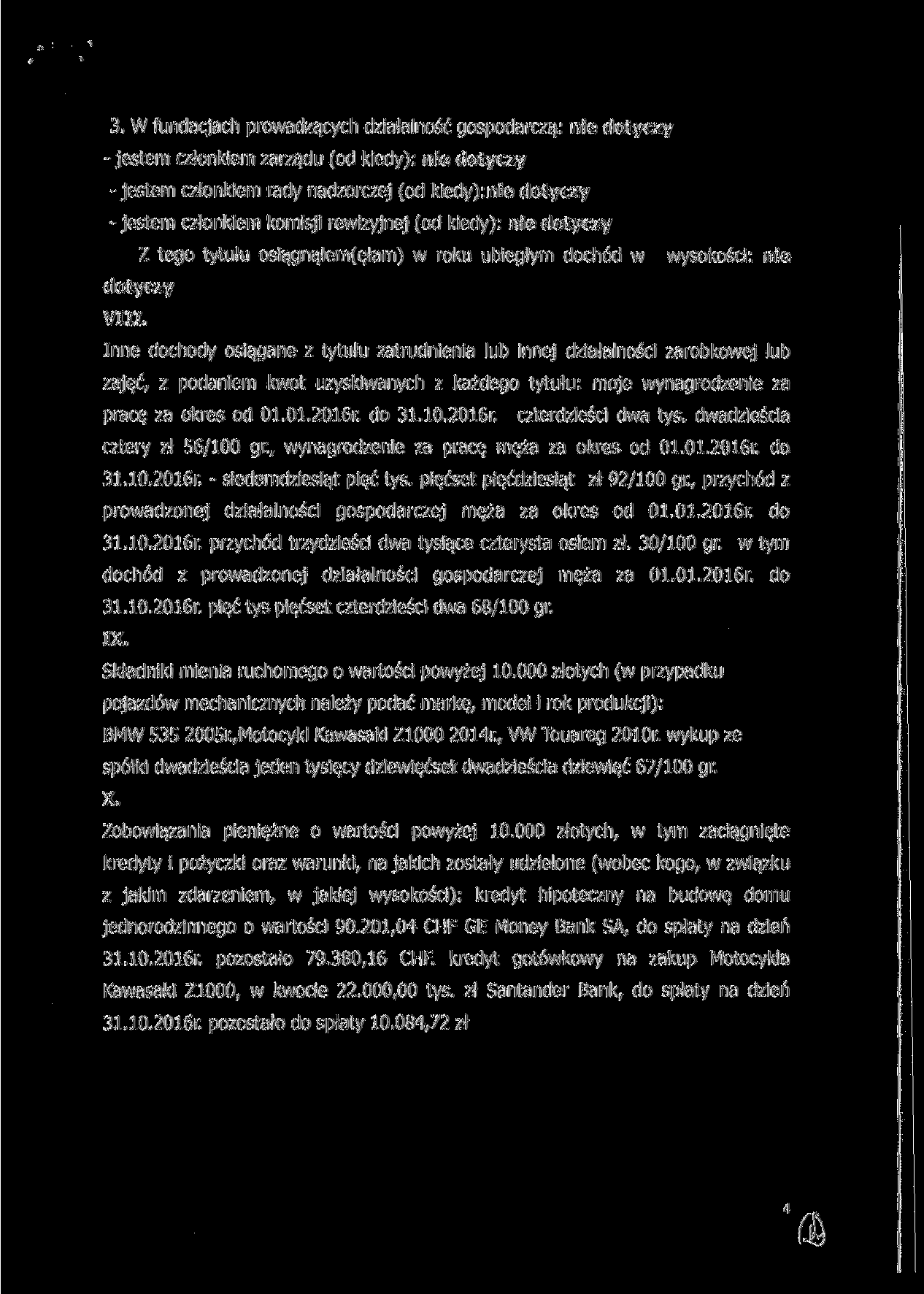 3. W fundacjach prowadzących działalność gospodarczą: nie dotyczy - jestem członkiem zarządu (od kiedy): nie dotyczy - jestem członkiem rady nadzorczej (od kiedy):nie dotyczy - jestem członkiem