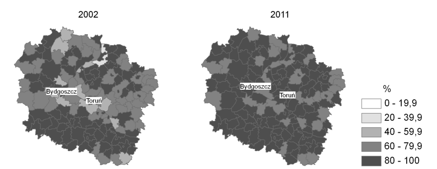 województwa (rys.3). W kolejnych latach wyraźnemu wzrostowi uległa gęstość sieci wodociągowej w gminach zlokalizowanych w części wschodniej.