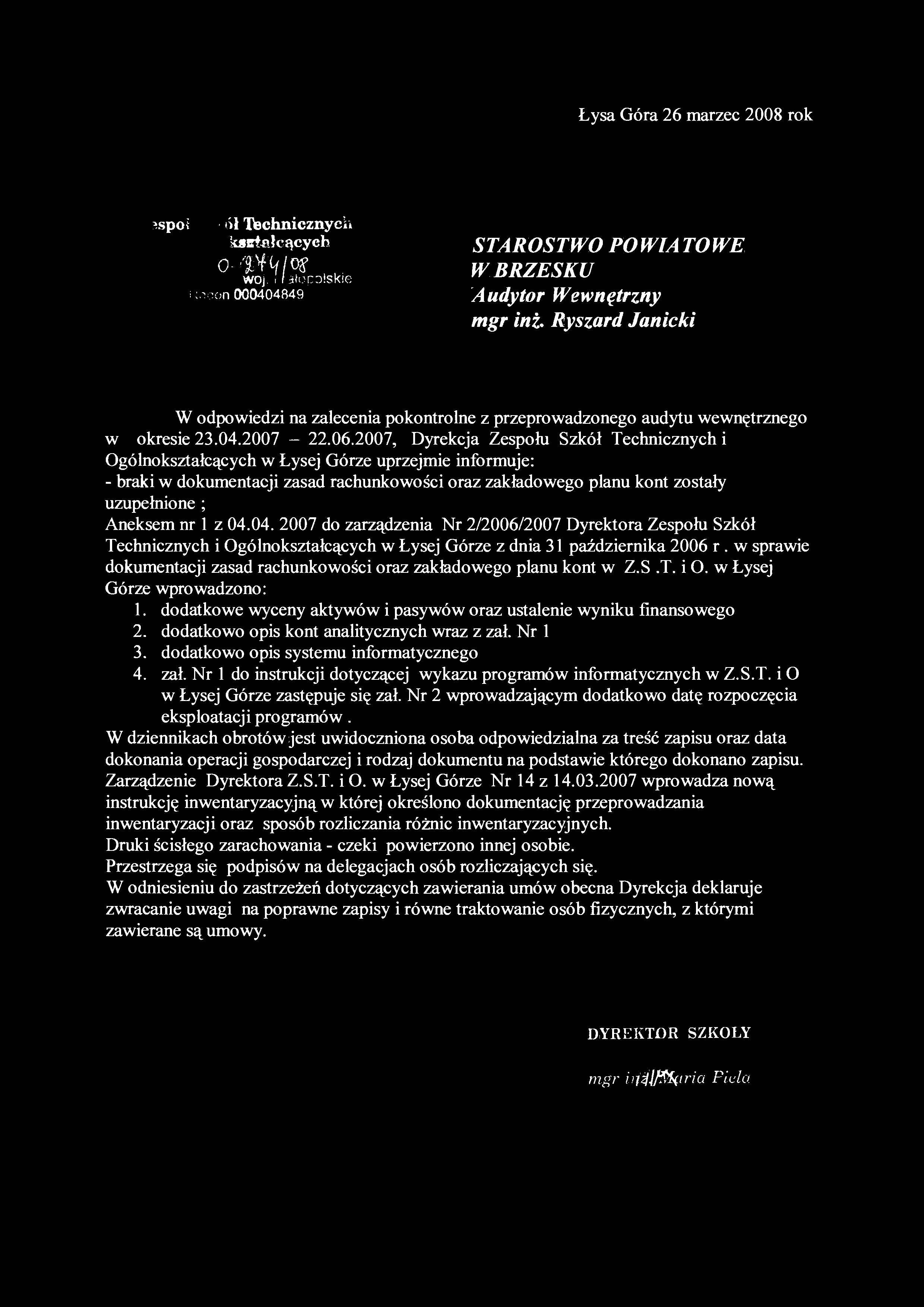 Łysa Góra 26 marzec 2008 rok jspoł f.ól Technicznych ksitałcących o m^im woj.