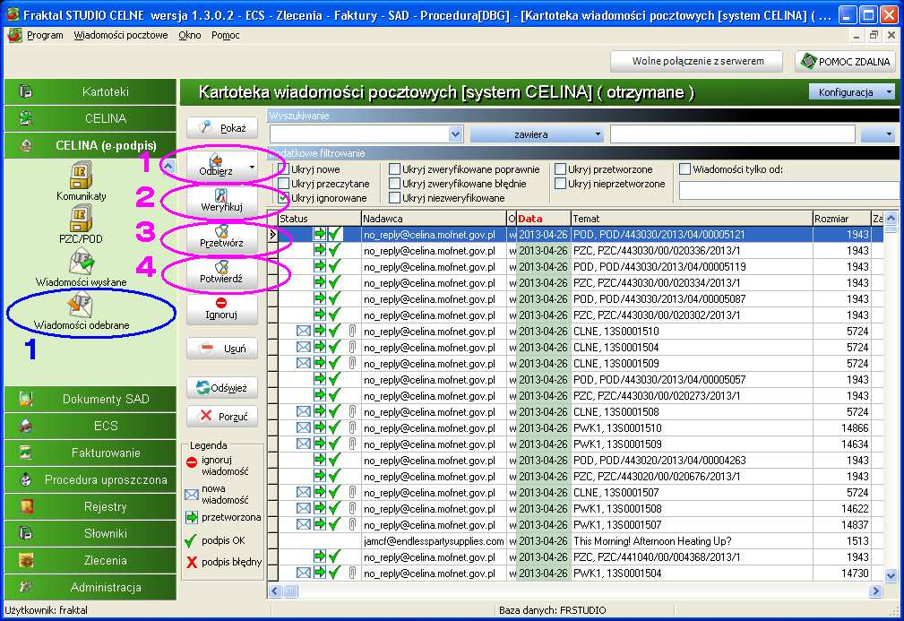 2.5. Odbieranie komunikatów z systemu CELINA - kartoteka wiadomości odebranych MoŜliwe jest teŝ przeglądanie kartoteki wiadomości odebranych z systemu CELINA w poszukiwaniu nowych wiadomości
