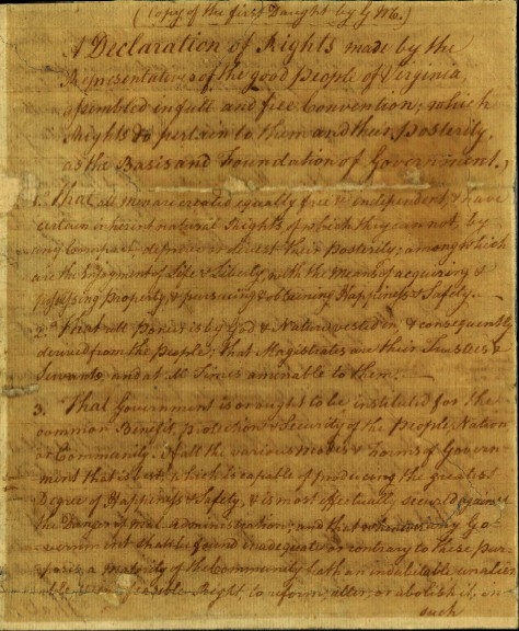 Deklaracja Praw Wirginii z 12 czerwca 1776 roku (Virginia Declaration of Rights) Rządy tworzy się dla wspólnej korzyści, ochrony i bezpieczeństwa ludu.
