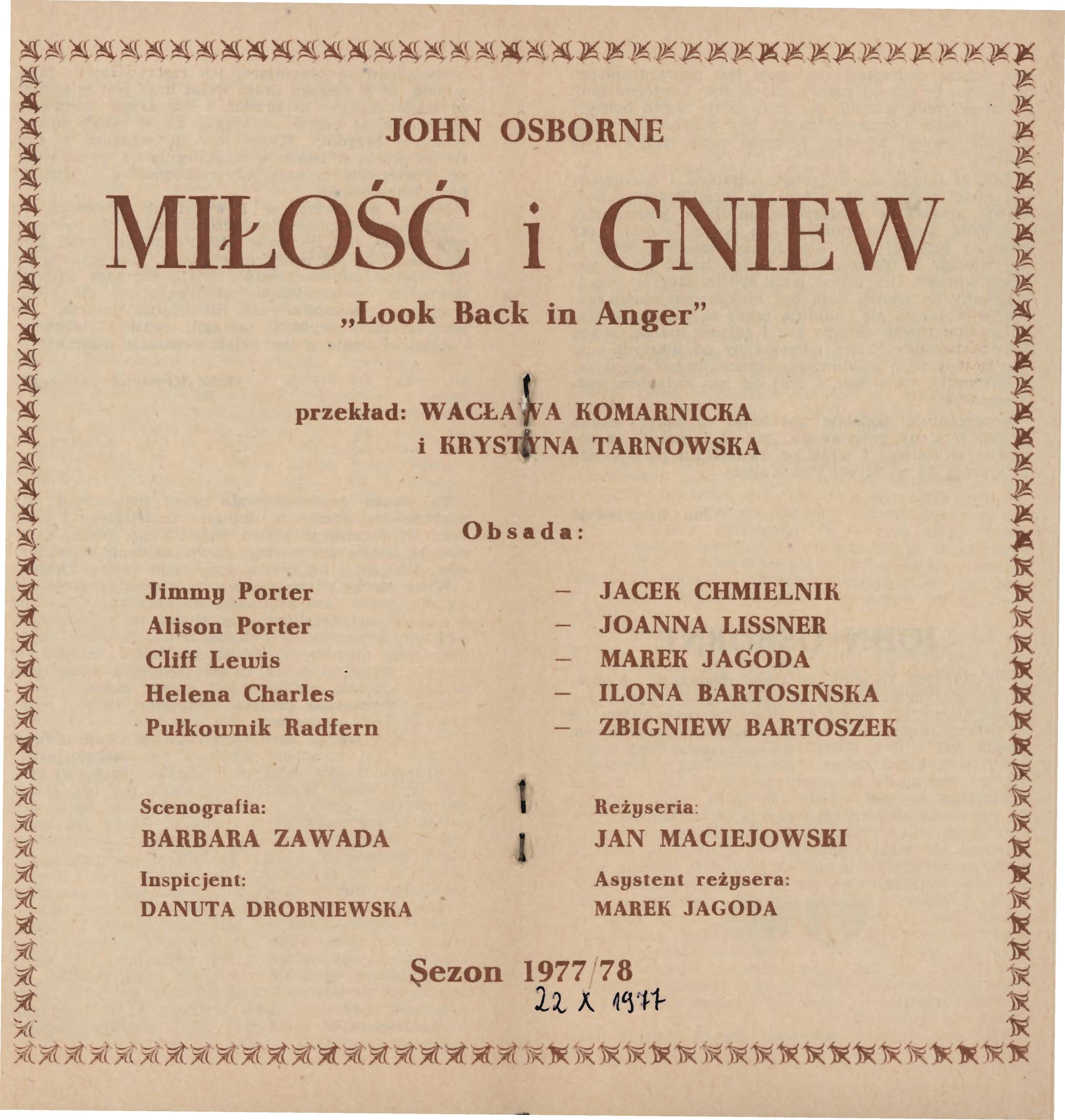-**** JOHN OSBORNE S MIŁOŚĆ i GNIEW E. Look Back in Anger" przekład: W ACł.