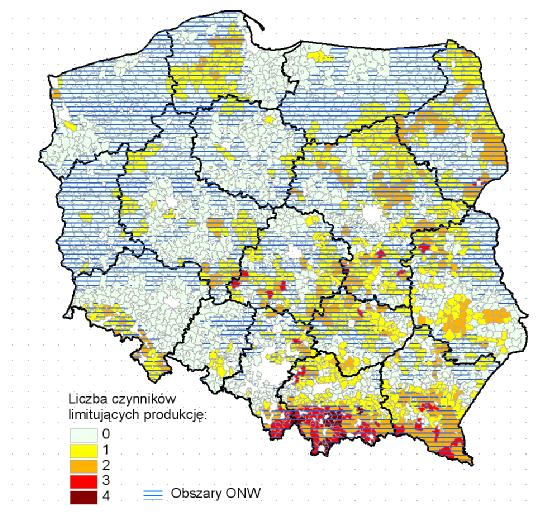 18 Rys. 3. Obszary OPR według liczby czynników limitujących produkcję na tle obszarów ONW Źródło: opracowanie własne.