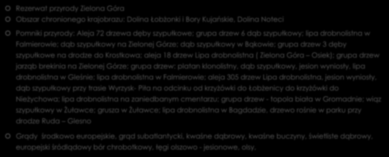 Formy ochrony poza obserwowanym obszarem Natura 2000 na terenie gminy Wyrzysk Rezerwat przyrody Zielona Góra Obszar chronionego krajobrazu: Dolina Łobżonki i Bory Kujańskie, Dolina Noteci Pomniki