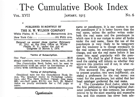 Bieżące bibliografie narodowe USA H.W. Wilson Company (6): Cumulative Book Index. New York, 1898-. Ostatni tom ukazał się w 1999 r. (zob.: http://archive.
