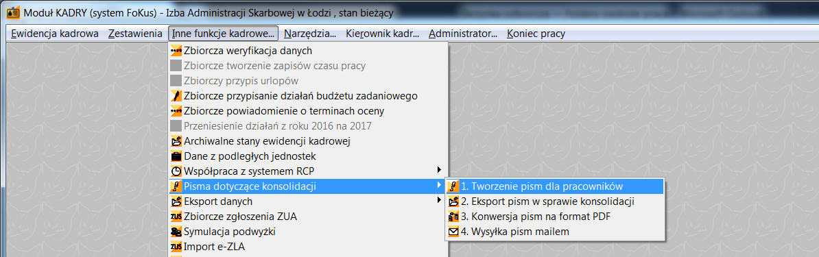 Zbiorcza obsługa pism Pisma dotyczące konsolidacji BKIP, ze względu na to, że dotyczą wielu pracowników, można też obsługiwać zbiorczo. Służą do tego funkcje w menu Inne funkcje kadrowe.