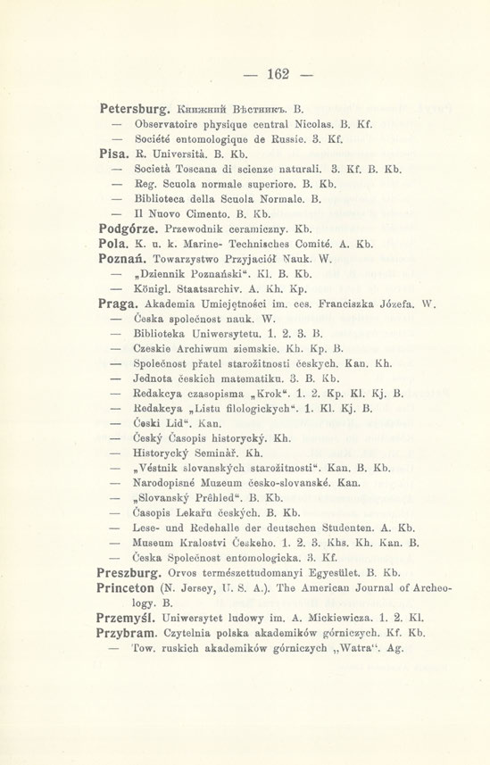 162 -- Petersburg. Книжний ВЬстникъ. в. Observatoire physique central Nicolas. В. Kf. Societe entomologiąue de Russie. 3. Kf. Pisa. R. Uniyersita. B. Kb. Societa Toscana di scienze naturali. 3. Kf. B. Kb. Reg.