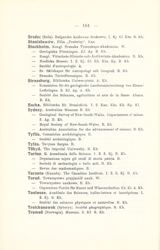 164 -- Sredec (Sofia). Bułgarsko kniźowno druźestvo. 1. Kj. KI. Khs. B. Kb. Stanisławów. Filia Proświty". Kan. Stockholm. Kongl. Svenska Vetenskaps-Akademien. W. Geologiska Foreningen. Kf. Ag B. Kb. Kongl. Yitterhets-Historie-och-Antikwitets-Akademien.