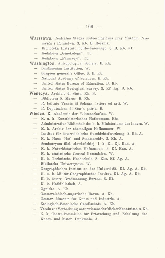 166 -- Warszawa. Centralna Stacya meteorologiczna przy Muzeum Przemysłu i Rolnictwa. 3. Kb. B. Rocznik. Biblioteka Instytutu politechnicznego. 3. B. Kb. Kf. Redakcya,.Ginekologii". Kb. Redakcya Farmacyi".