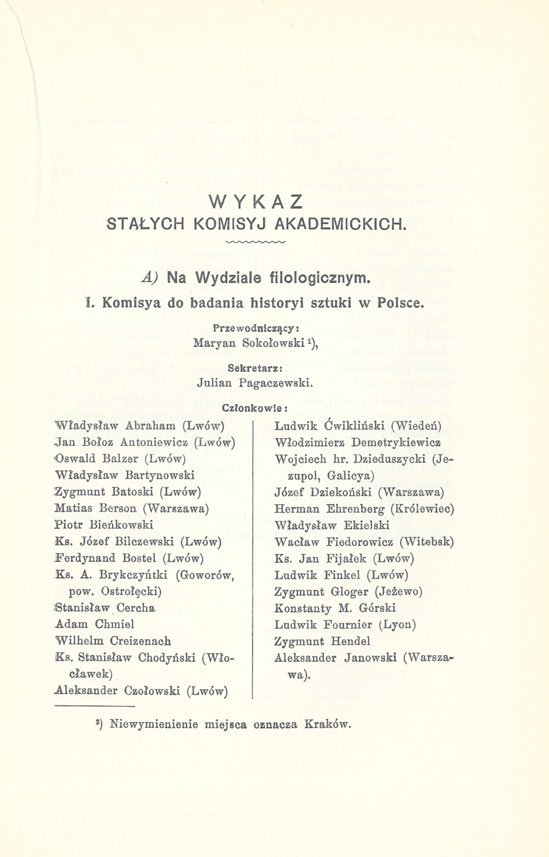 WYKAZ STAŁYCH KOMISYJ AKADEMICKICH. A) Na Wydziale filologicznym. I. Komisya do badania historyi sztuki w Polsce.