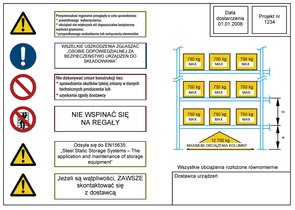 Objaśnienia d odstęp między belkami nośnymi e wysokość do pierwszej belki nośnej Rysunek B.