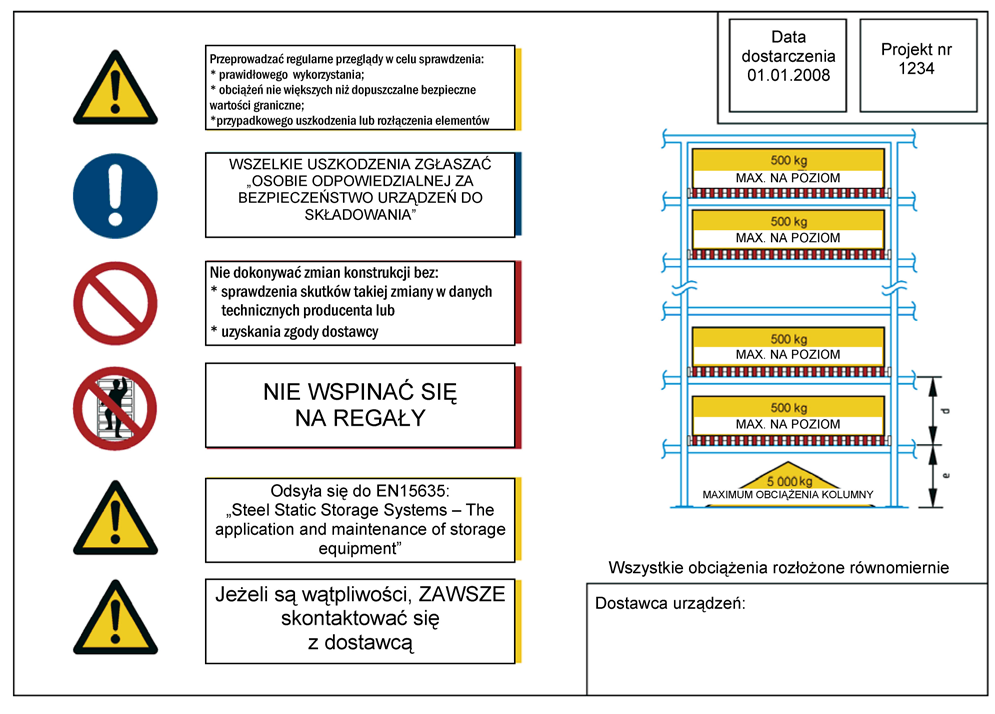 Objaśnienia d odstęp między belkami nośnymi e wysokość do pierwszej belki nośnej Rysunek B.