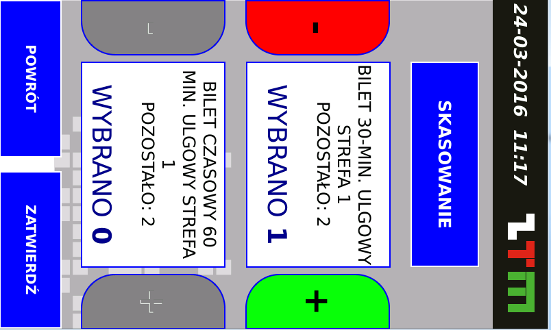 3. Kasowanie biletów czasowych lub jednoprzejazdowych Aby skasować bilet należy: a) przytrzymać przycisk zostanie on wtedy zaznaczony b) przyłożyć Kartę do czytnika kasownika (szare pole poniżej