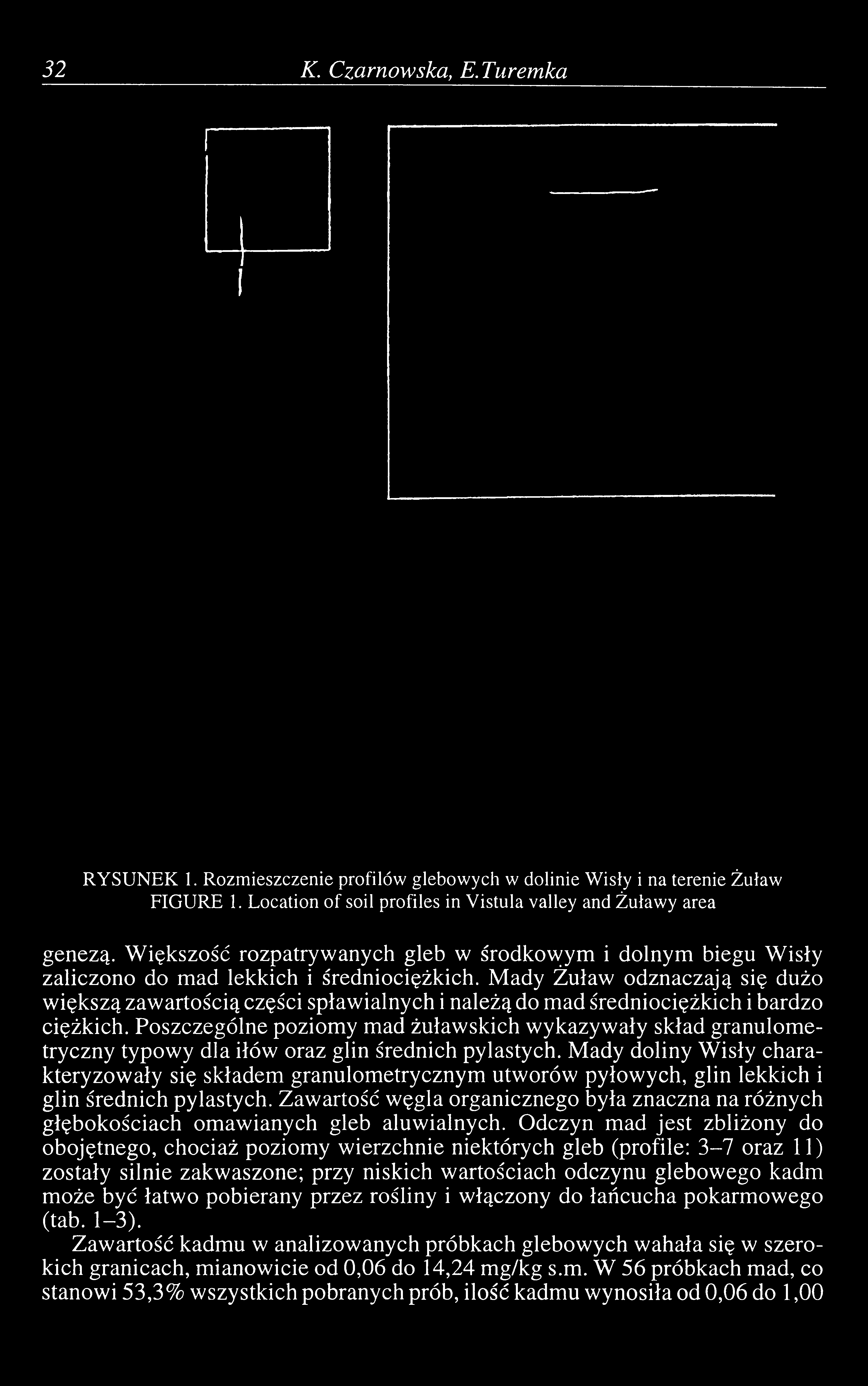 32 К. Czarnowska, Е.Тигетка RYSUNEK 1. Rozmieszczenie profilów glebowych w dolinie Wisły i na terenie Żuław FIGURE 1. Location of soil profiles in Vistula valley and Żuławy area genezą.
