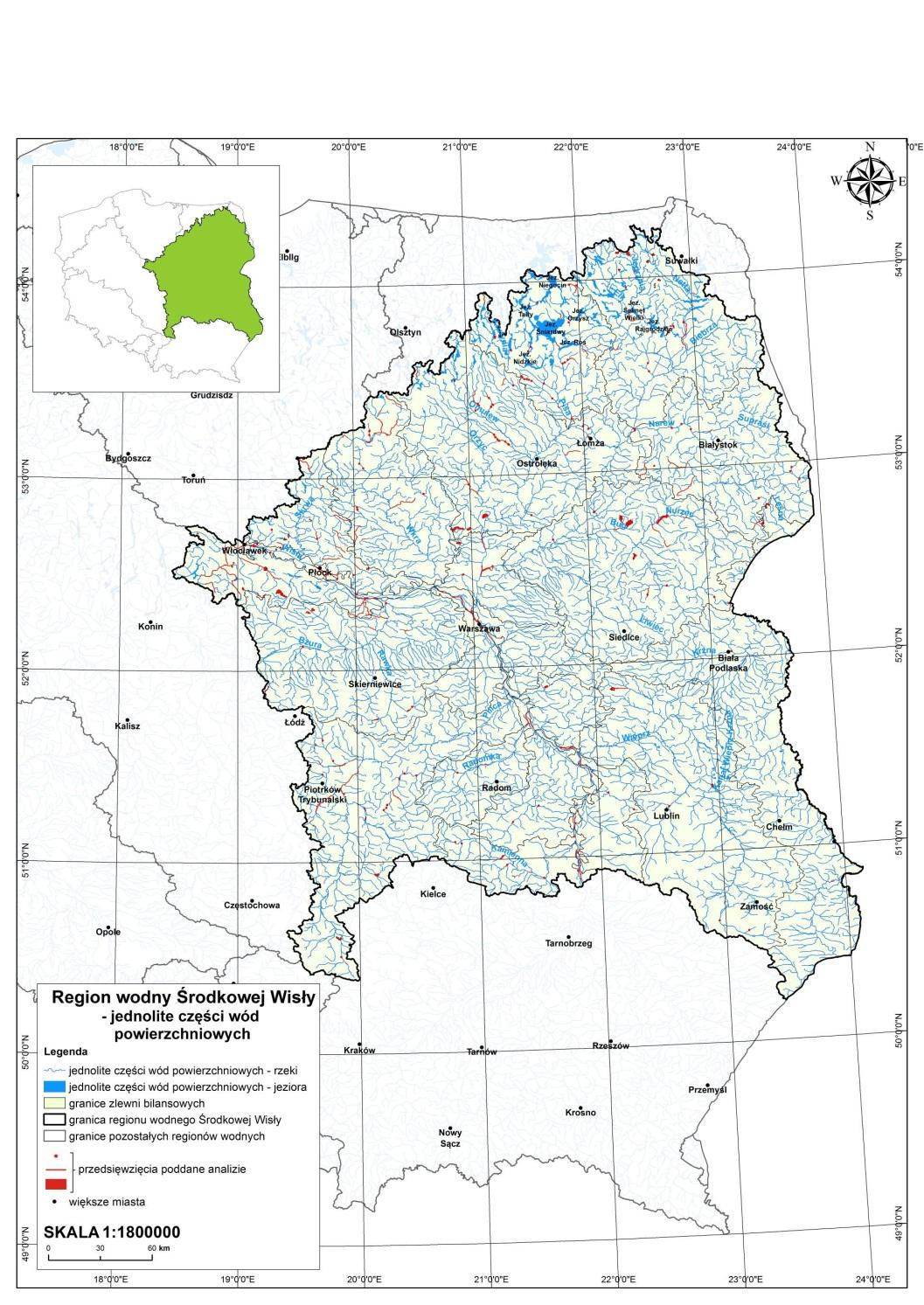 Inwestycje poddane analizie w Masterplanie na tle JCWP Na obszarze dorzecza Wisły wyznaczono: -2660 jednolitych części wód rzek, -5 jednolitych części wód przejściowych, -6 jednolitych