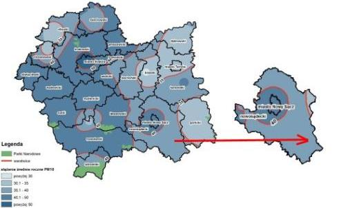 Dziennik Urzędowy Województwa Małopolskiego 82 Poz. 7153 Rysunek 13. Stężenie pyłu zawieszonego PM10 kryterium ochrony zdrowia Źródło: Ocena jakości powietrza w województwie małopolskim w 2014 r.