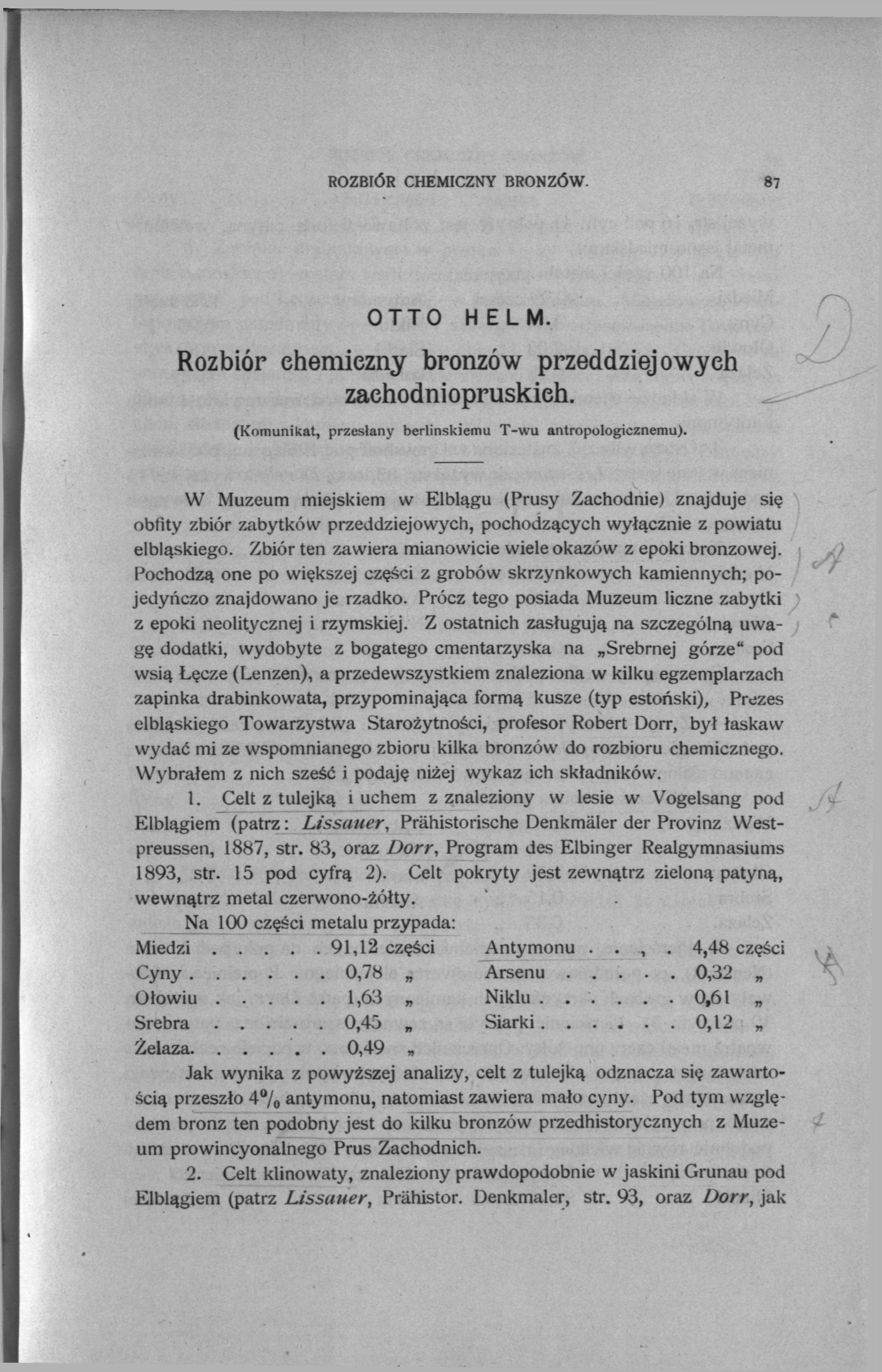 ROZBIÓR CHEMICZNY BRONZÓW. 87 OTTO HELM. Rozbiór ehemiezny bronzów przeddziej owych zaehodniopruskieh. (Komunikat, przesiany berlińskiemu T-wu antropologicznemu).