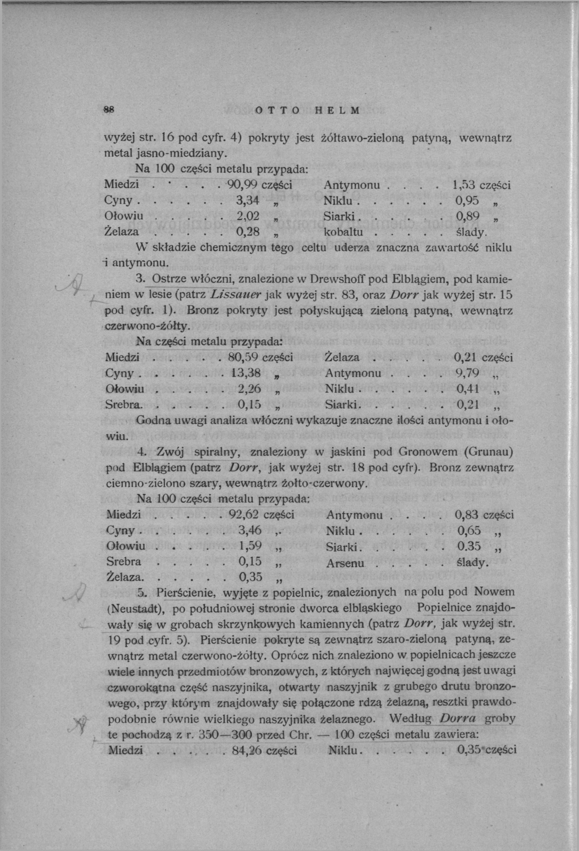 88 OTTO HELM wyżej str. 16 pod cyfr. 4) pokryty jest żółtawo-zieloną patyną, wewnątrz metal jasno-miedziany. Na 100 części metalu przypada: Miedzi. '... 90,99 części Antymonu.