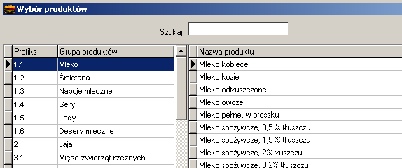 Pojawi się nowe okno Wybór produktów.