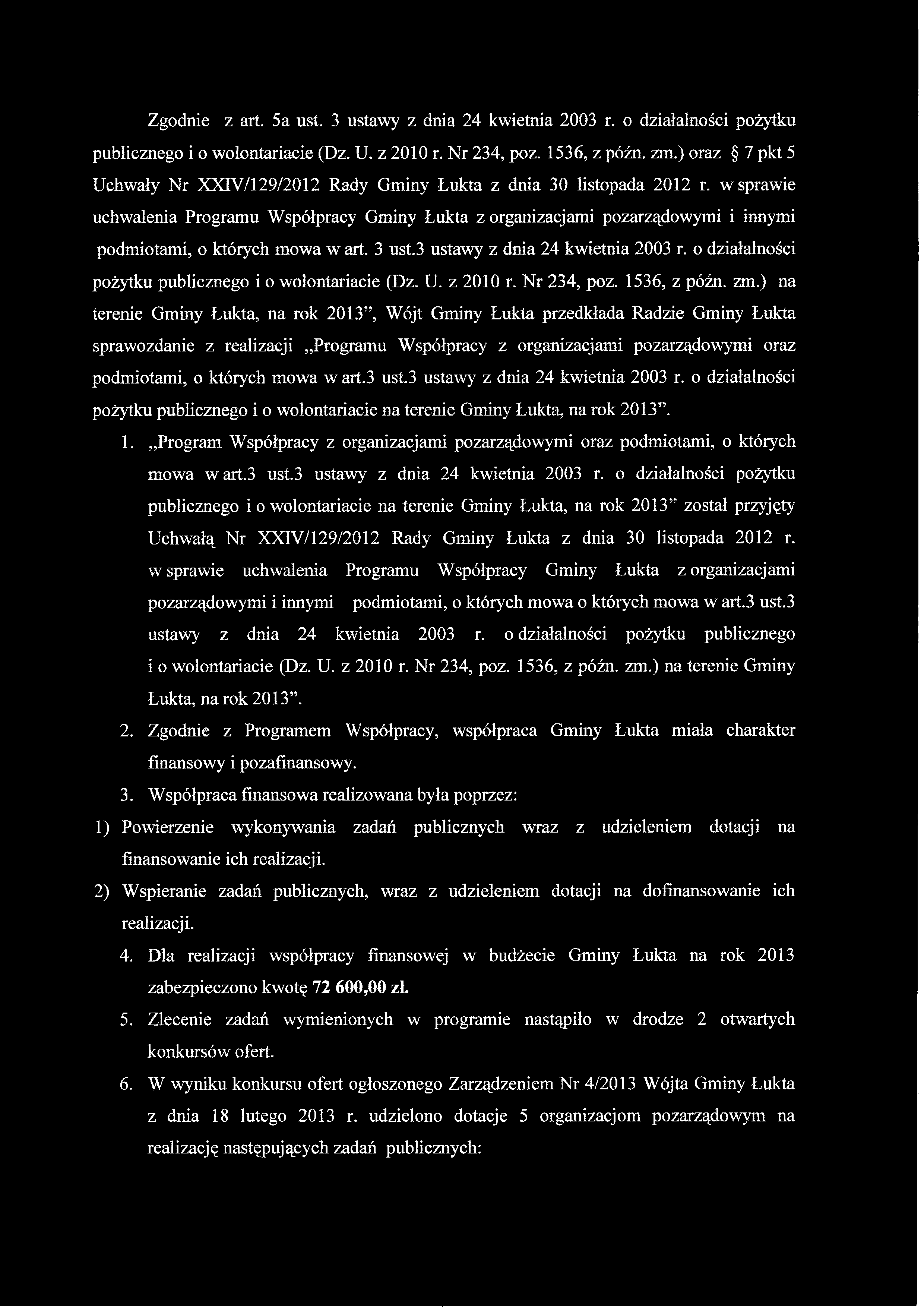 w sprawie uchwalenia Programu Współpracy Gminy Łukta z organizacjami pozarządowymi i innymi podmiotami, o których mowa w art. 3 ust.3 ustawy z dnia 24 kwietnia 2003 r.