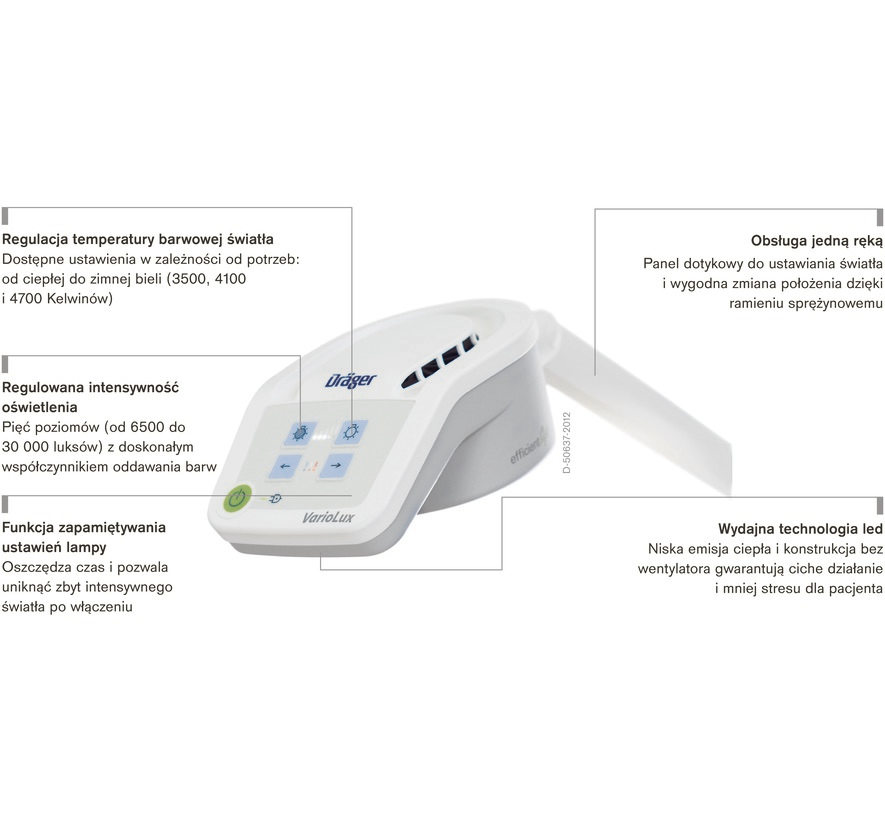 VarioLux Lampy operacyjne i systemy wideo Lampa diagnostyczna Dräger VarioLux zapewnia zimne, wysoce wydajne oświetlenie o regulowanej