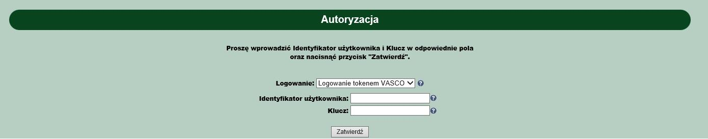 Logowanie do bankowości korporacyjnej za pomocą tokena Po uruchomieniu bankowości korporacyjnej w polu Logowanie należy wybrać jako środek autoryzacji dostępu Logowanie tokenem VASCO.