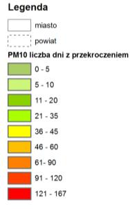 przedstawiono rozkład stężeń średniorocznych i liczbę dni z przekroczeniem dobowego poziomu dopuszczalnego pyłu PM10 