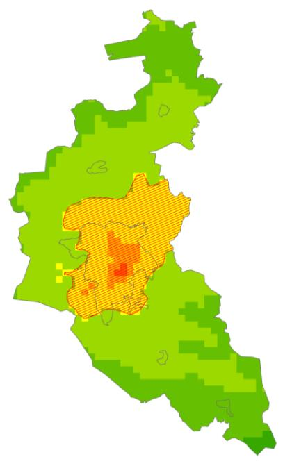 Obszary przekroczeń wystąpiły na terenie gmin: Trzebownisko, Głogów Małopolski, Świlcza, Krasne, Boguchwała i Tyczyn. Na rys. 3.13.