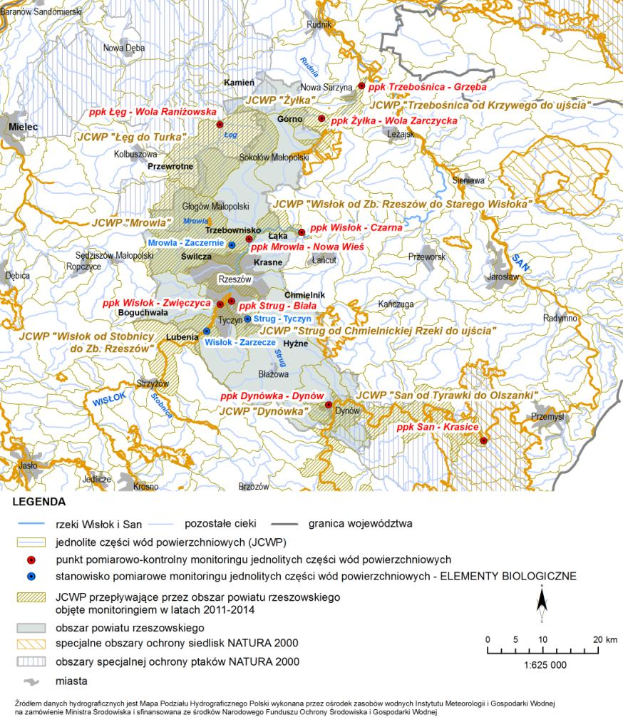 Ocenę stanu wód za 2014 r. WIOŚ w Rzeszowie wykonał w następujących jednolitych częściach wód powierzchniowych przepływających przez obszar powiatu rzeszowskiego: 1) JCWP Łęg do Turka (ocena na podst.