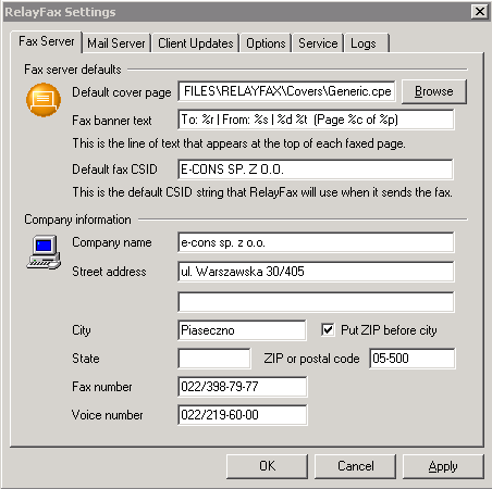 Konfiguracja RelayFax 6.x. Konfiguracja serwera. 1. Naciśnij zakładkę File a następnie RelayFax Properties. a. W polu Company wpisz nazwę swojej firmy.