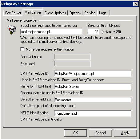 2. Naciśnij zakładkę Mail Server. a. W polu Spool Incoming Faxes To This Mail Server wpisz nazwę lub adres IP swojego serwera poczty. b.