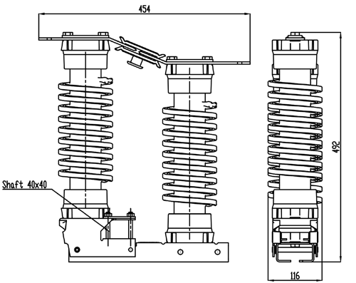 Sposób zamawiania 24 kv z izolatorami porcelanowymi Typ bieguna NPS24A2-J2 NPS24A2-J2 + NPAB1 NPS24A2-K4J2 NPS24A2-K5J2 Izolatory z brązowej porcelany 620 mm drogi upływu Napięcie znamionowe 24 kv