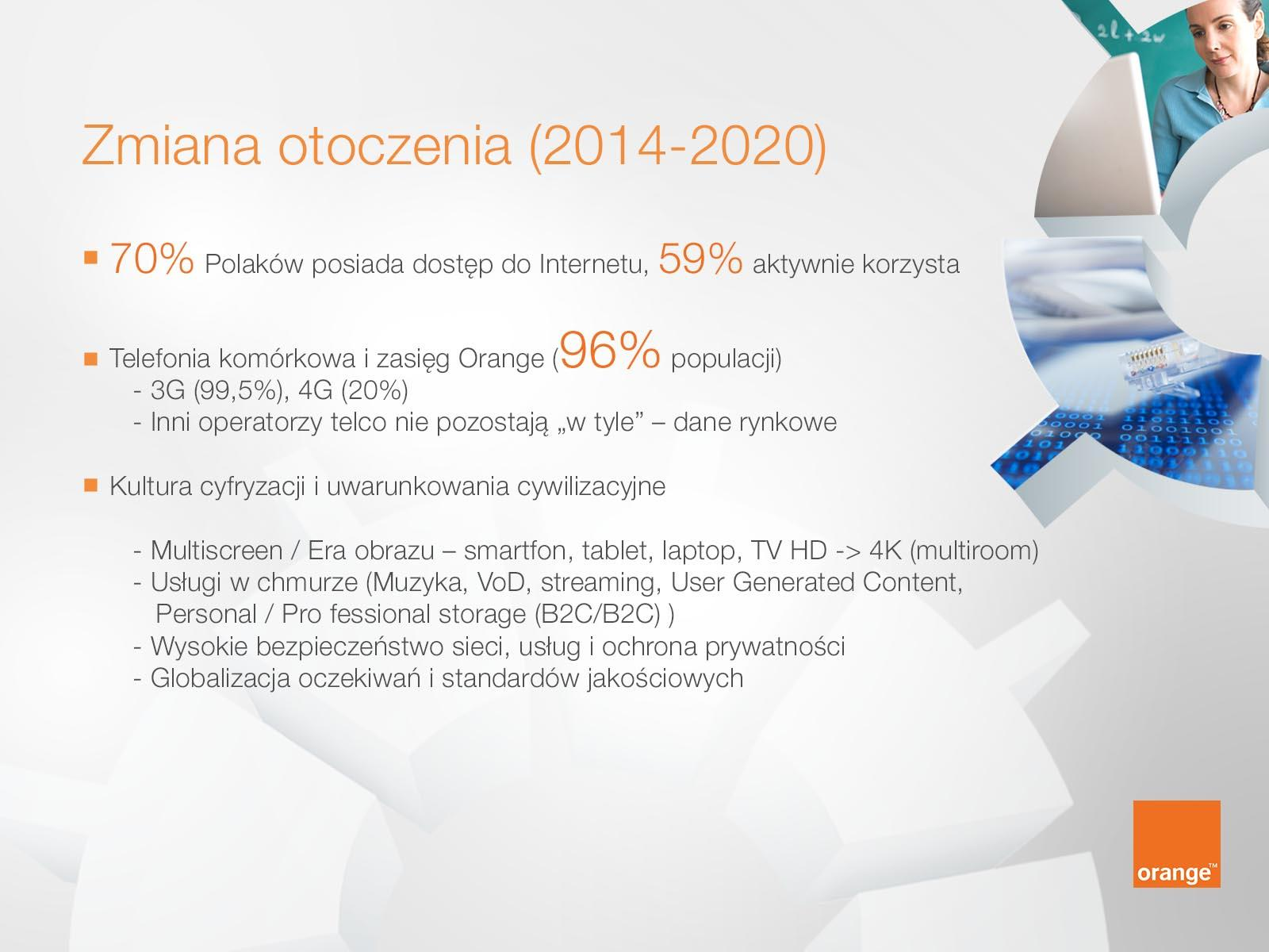 Zmiana otoczenia (2014-2020) 70% Polaków posiada dostęp do Internet 59% aktywnie korzysta Telefonia komórkowa i zasięg Orange (96% populacji) 3G (94%), 4G (20%) Inni operatorzy telco nie pozostają w