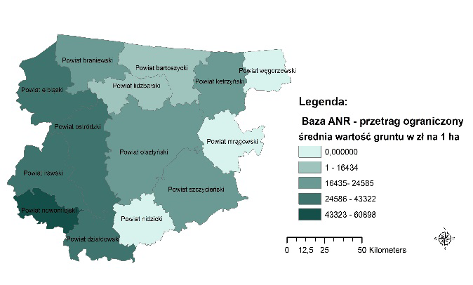 W związku z powyższym przedmiotowe mapy sporządzono w uwzględnieniem cen transakcyjnych uzyskiwanych w przetargu ograniczonym (rysunek 2), nieograniczonym