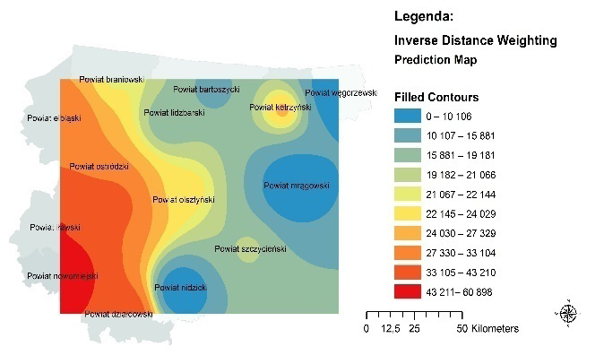 Mapa średnich cen transakcyjnych nieruchomości rolnych niezabudowanych uzyskanych przez ANR OT Olsztyn w przetargu ograniczonym a) metoda klasycznej