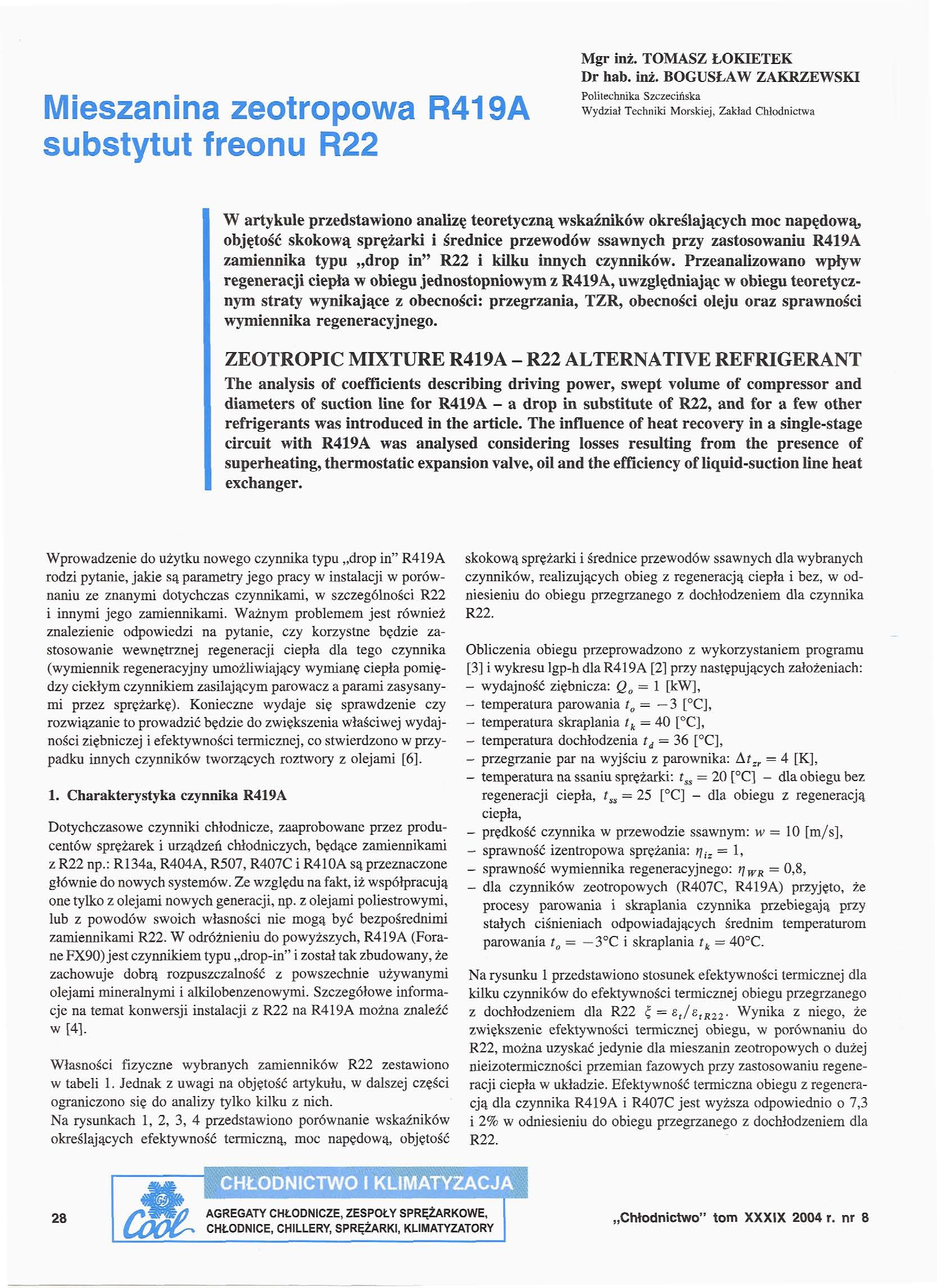 Mieszanina zeotropowa R419A substytut reonu R22 Mgr inż.
