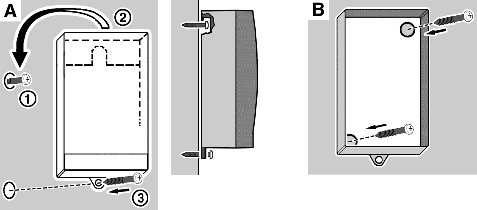 1. Otworzyć moduł kontrolny. 2. Przykręcić dolną część obudowy do ściany (w sposób A lub B).