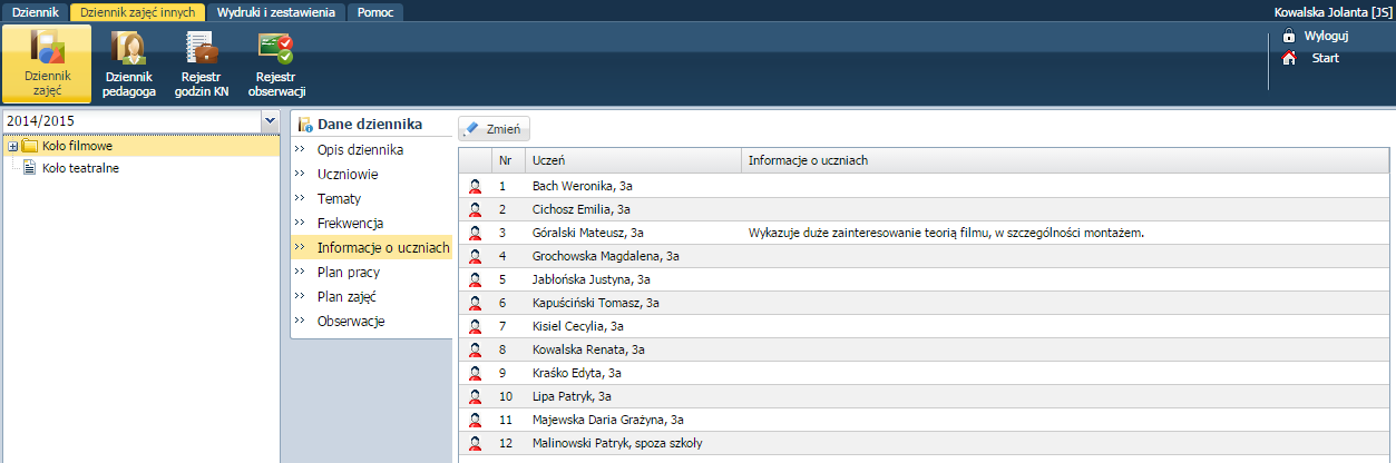 Uzupełnianie informacji o uczniach Istnieje możliwość wprowadzenia informacji np.