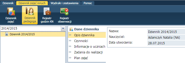 Dziennik pedagoga wyświetla się na drzewie, jeśli zostanie utworzony w module Administrowanie.