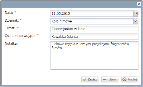 Prowadzenie Dziennika zajęć innych Aby edytować wpisane informacje należy kliknąć ikonę.