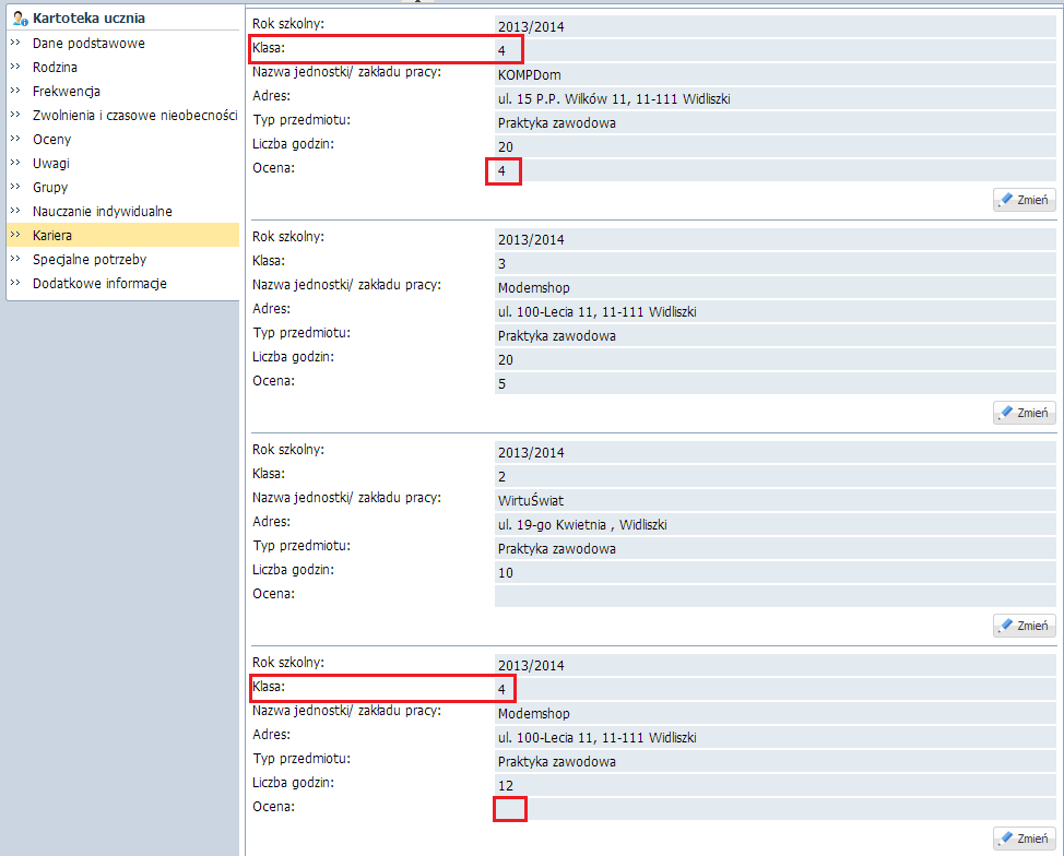 Gdy uczeń odbył więcej niż jedna praktykę w ciągu roku, a wychowawca odnotował oceny z każdej z praktyk, na arkuszu