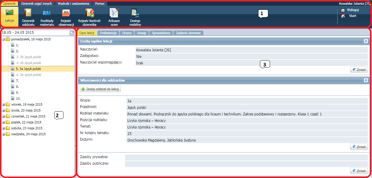 Podstawy pracy w module Dziennik Dostęp do edycji w module Dziennik ma użytkownik posiadający rolę Nauczyciel. Użytkownicy z uprawnieniami pedagoga, dyrektora oraz gościa mają ograniczony dostęp.