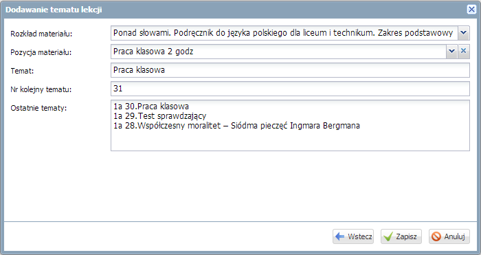 Dokumentowanie lekcji przez nauczyciela w widoku Lekcja Informacje o zastępstwach, odwołanych czy przeniesionych lekcjach widzi także rodzic/ uczeń na kafelku Plan lekcji.