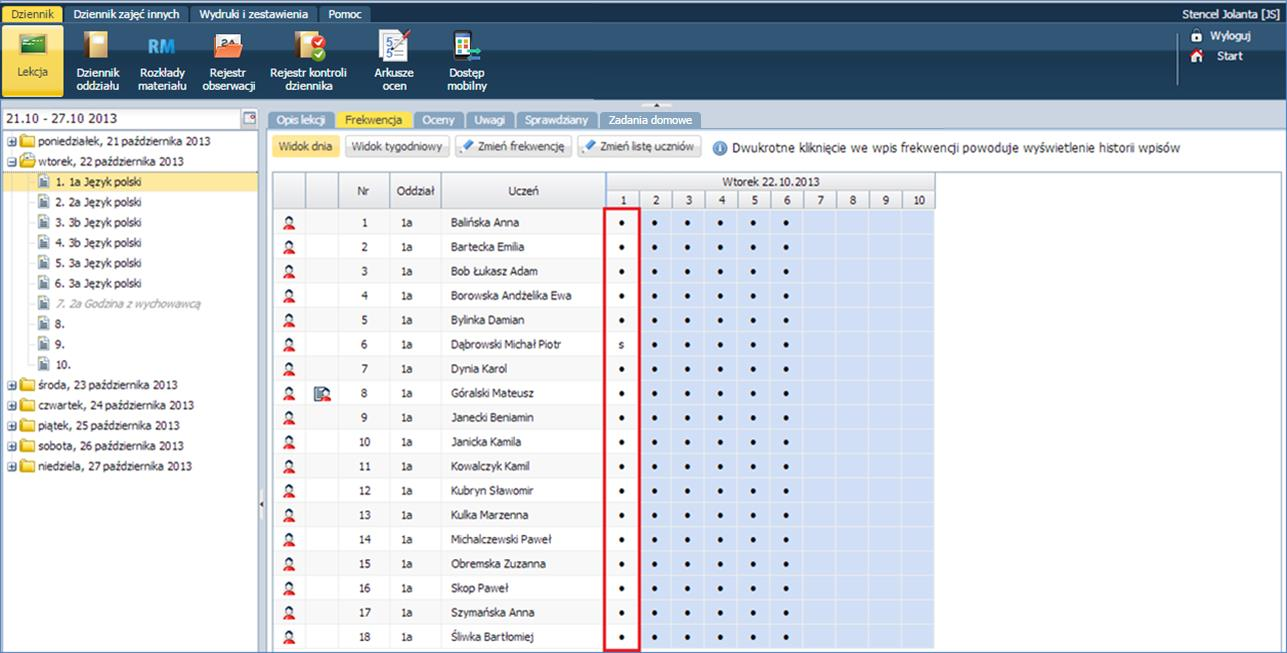 Dokumentowanie lekcji przez nauczyciela w widoku Lekcja Sprawdzanie obecności Sprawdzanie obecności na zajęciach odbywa się przez korzystanie z zakładki Frekwencja.