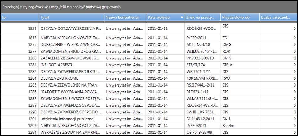 Rejestr przesyłek wpływających Okno podglądu w rejestrze przesyłek wpływających wygląda następująco: Użytkownik aplikacji Bit Rejestry ma możliwość sortowania, wydrukowania listy przesyłek