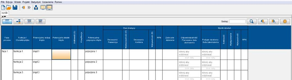 15. Wypełnianie formularza FMEA Formularz FMEA jest częściowo wypełniony danymi z drzewa wad.