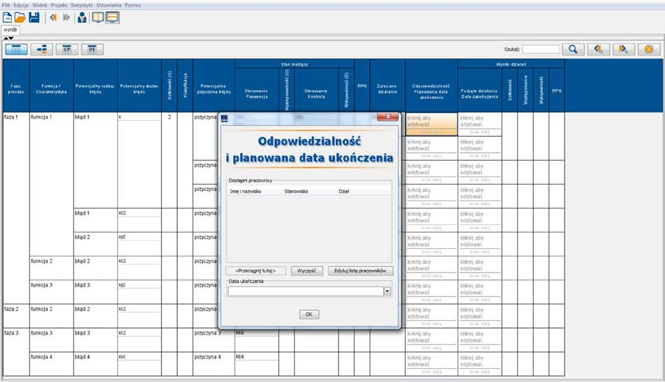 19. Przypisywanie osób odpowiedzialnych za działania oraz daty ukończenia w kolumnie Odpowiedzialność/Planowana data zakończenia Aby przypisać osobę do wcześniej zdefiniowanego działania oraz