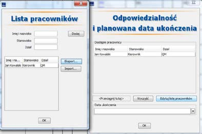 Po użyciu przycisku Dodaj dane pracownika zostaną wprowadzone do Listy pracowników w programie. Dane wyświetlone będą automatycznie, również w oknie Odpowiedzialność i planowana data ukończenia.