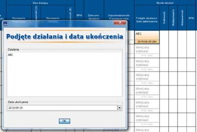 20. Zapisywanie działań w kolumnie Podjęte działania/data zakończenia Aby wprowadzić zmianę w komórkach Podjęte działania/data zakończenia, należy dwukrotnie kliknąć w wybraną