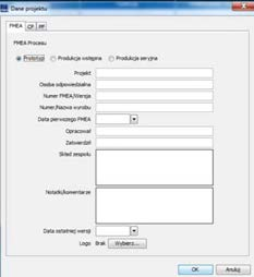 projektu. (Funkcja jest dostępna po wyborze rodzaju analizy PFMEA lub DFMEA).